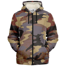 Load image into Gallery viewer, Sherpa fleece camo hoodie with zipper and hands in pockets