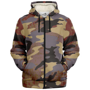 Sherpa fleece camo hoodie with zipper and hands in pockets