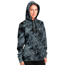 Load image into Gallery viewer, unisex black and white hoodie right side on female with hood up