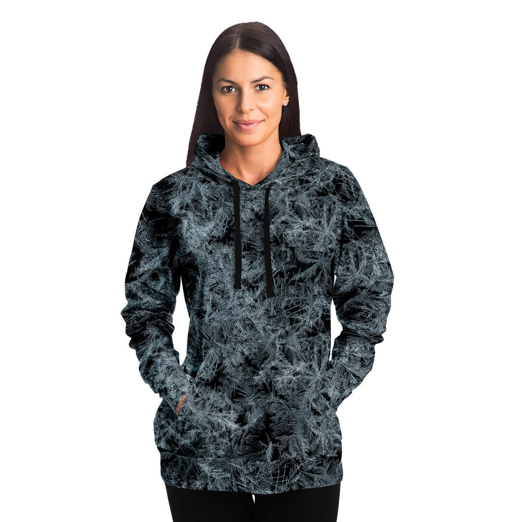 unisex black and white hoodie front on female model