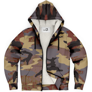 Sherpa fleece camo hoodie with zipper and pockets