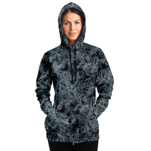 Load image into Gallery viewer, unisex black and white hoodie front on female  with hood up