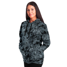 Load image into Gallery viewer, unisex black and white hoodie left side on female model