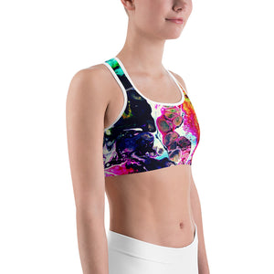 abstract paint sports bra with white trim right side