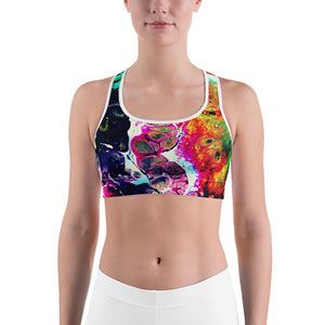 abstract paint sports bra with white trim front