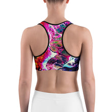 Load image into Gallery viewer, abstract paint sports bra with black trim back