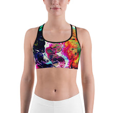 Load image into Gallery viewer, abstract paint sports bra with black trim front