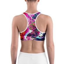 Load image into Gallery viewer, abstract paint sports bra with white trim back