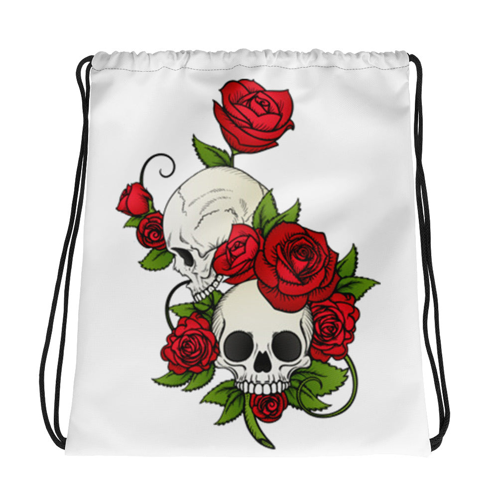 Rose Skull Couple Drawstring Bag