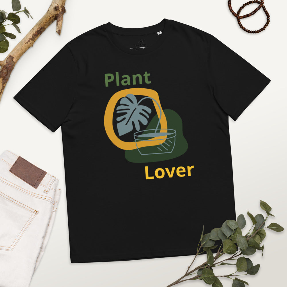 organic cotton t-shirt with potted plant - black
